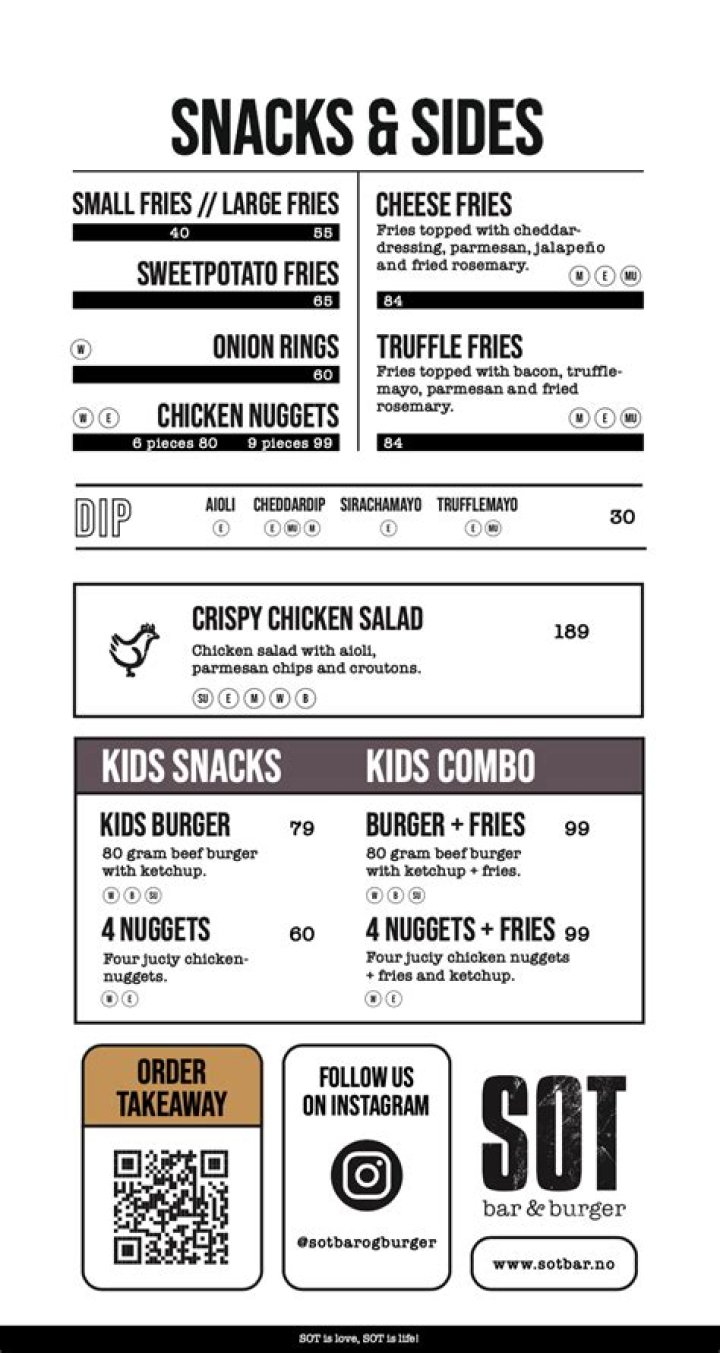 Our menu SOT bar og burger