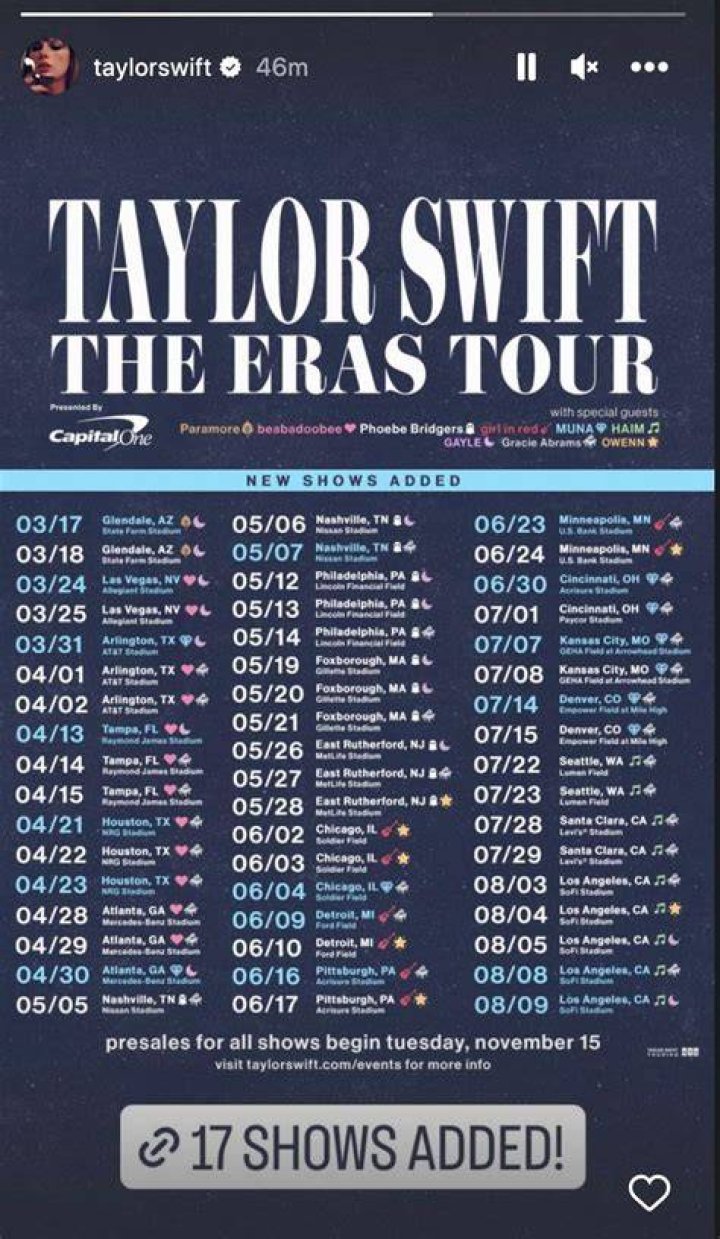 Taylor Swift Adds 17 Performances To 2023 &rsquo;Eras&rsquo; Tour, Ups Los Angeles