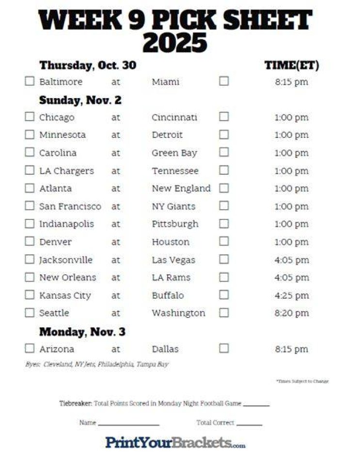 Week 9 Nfl Schedule Printable Customize and Print